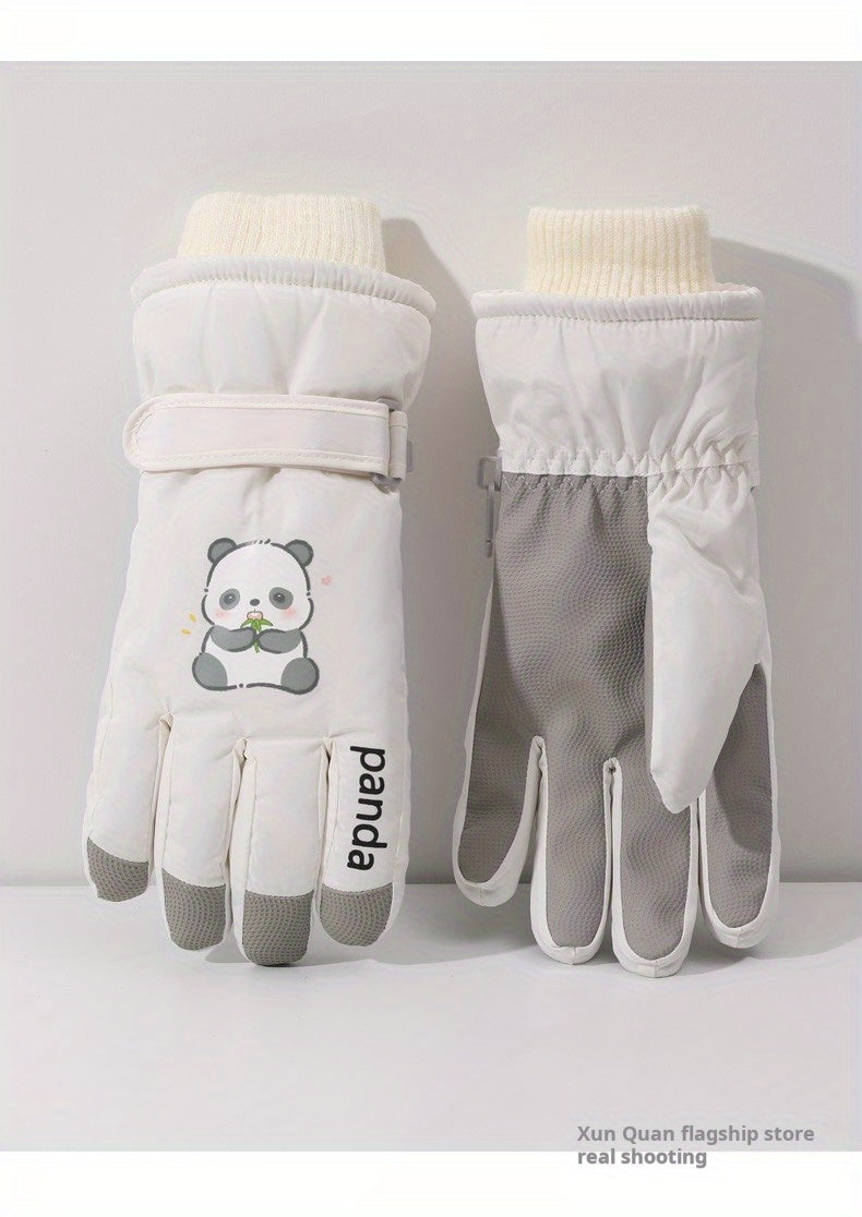 1 Pair Women'S Winter Ski Gloves, Cute Panda Design, Touchscreen Compatible, Polyester Thermal Lining, Velvet Palm, Magic Tape Closure, Hand Washable, Weather-Resistant